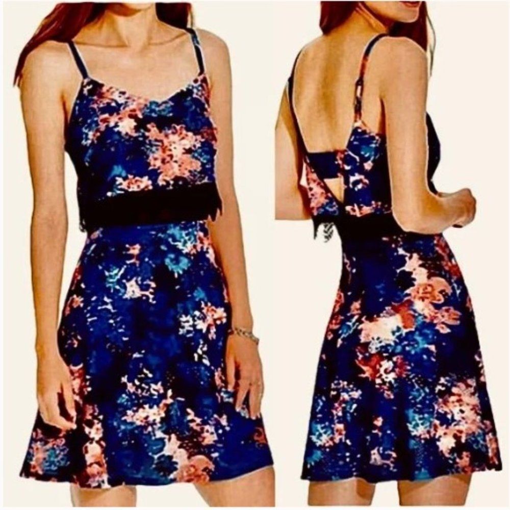 Material Girl Floral Print Spaghetti Strap Mesh & Lace Dress - Large NWT